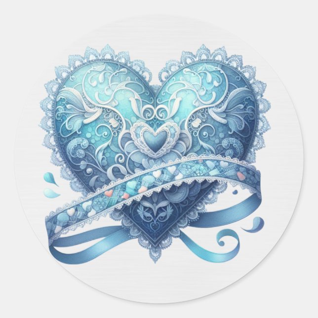 Blue and Turquoise Fancy Valentine  Classic Round Sticker (Front)