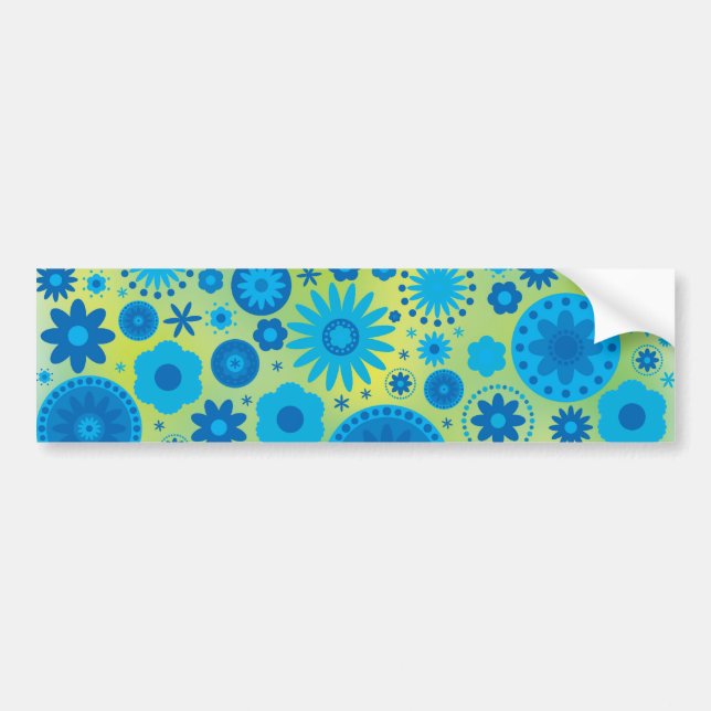 Blue and Turquoise Hippy Flower Pattern Bumper Sticker (Front)
