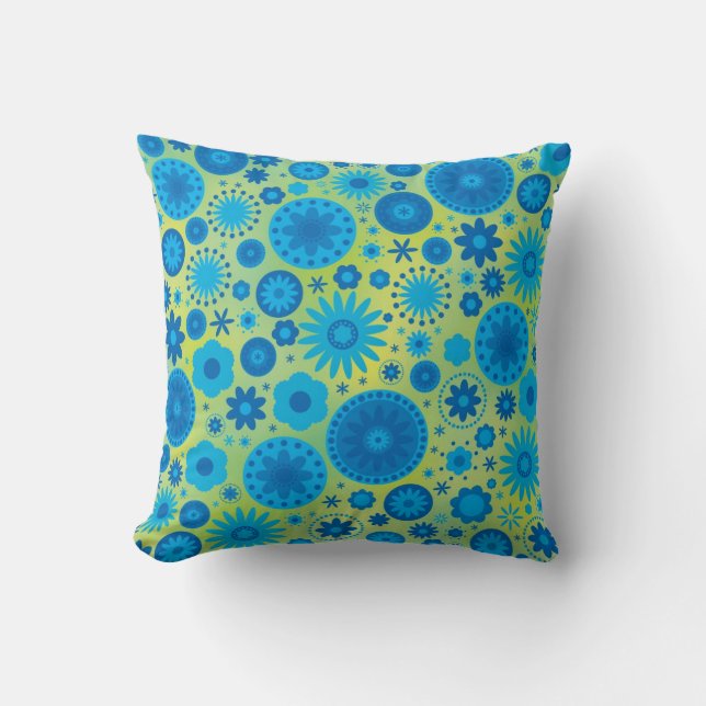 Blue and Turquoise Hippy Flower Pattern Cushion (Front)