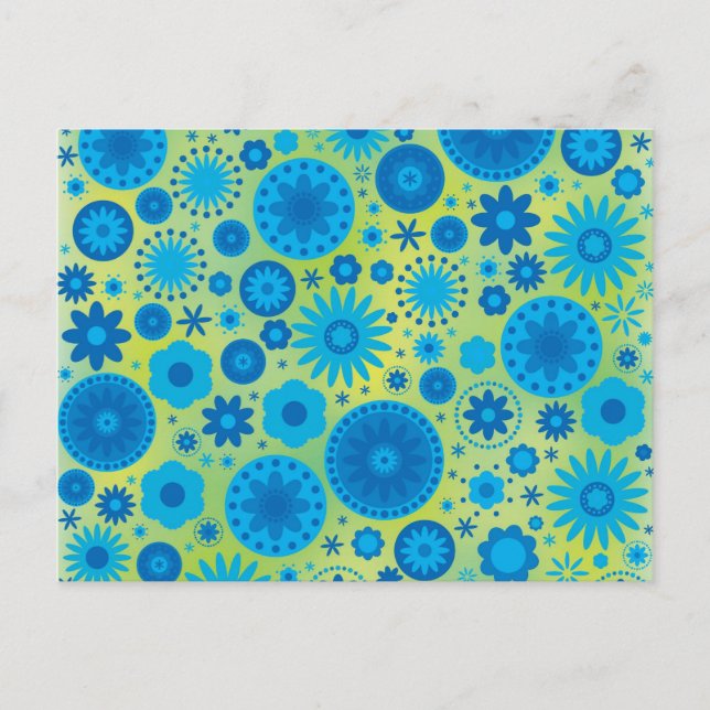 Blue and Turquoise Hippy Flower Pattern Postcard (Front)