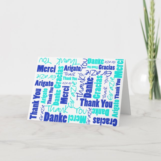 Blue and Turquoise Multilingual Thank You Card (Front)