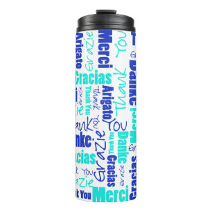 Blue and Turquoise Multilingual Thank You Thermal Tumbler