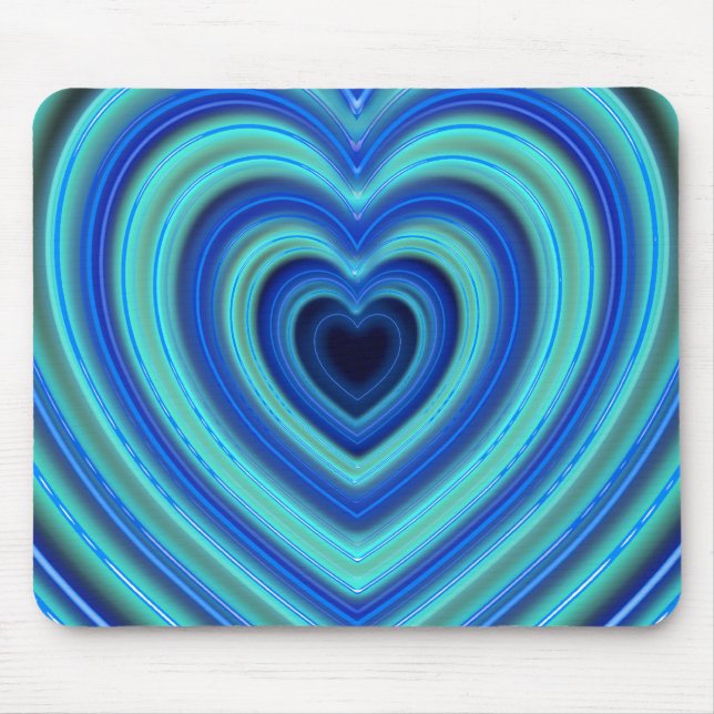 Blue and Turquoise Neon Lighted Hearts Mouse Mat (Front)