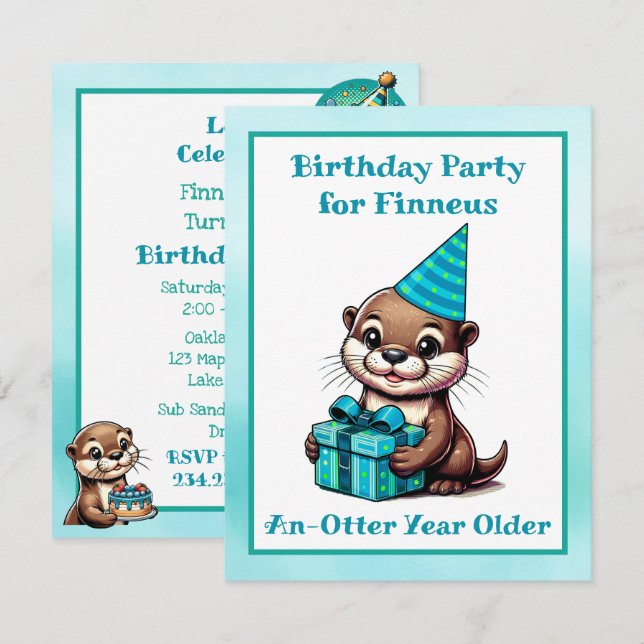 Blue and Turquoise Otter Boy's Birthday Party Invitation (Front/Back)