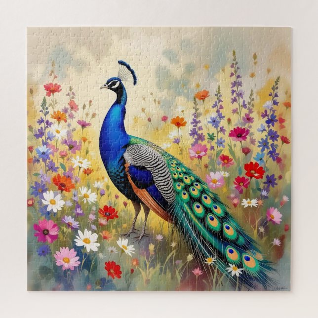 Blue and Turquoise Peacock in Flowers Jigsaw Puzzle (Vertical)