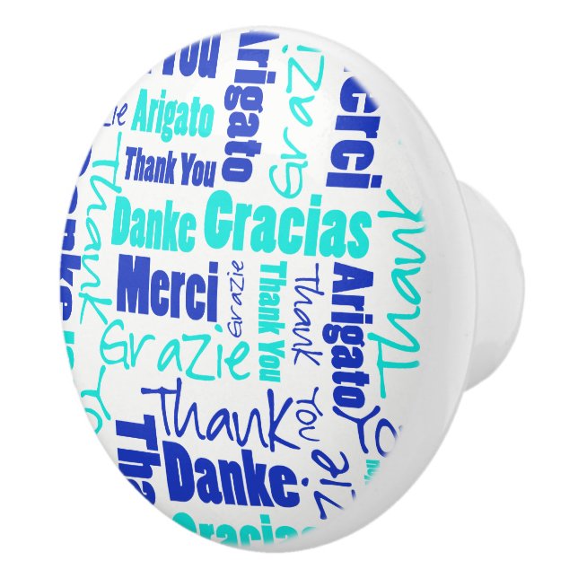 Blue and Turquoise Thank You Word Cloud Ceramic Knob (Right)