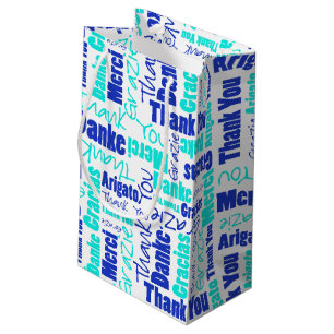 Blue and Turquoise Thank You Word Cloud Small Gift Bag