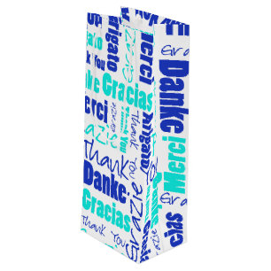 Blue and Turquoise Thank You Word Cloud Wine Gift Bag