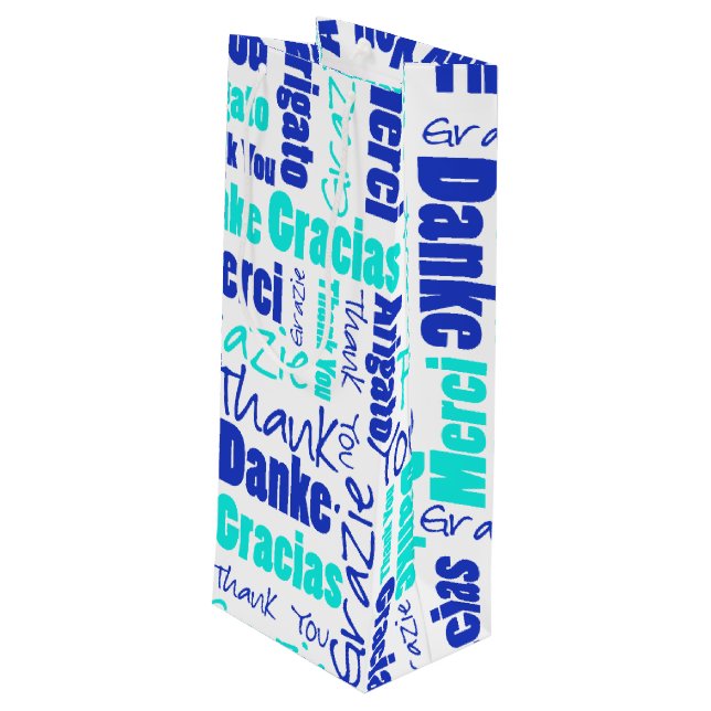 Blue and Turquoise Thank You Word Cloud Wine Gift Bag (Back Angled)