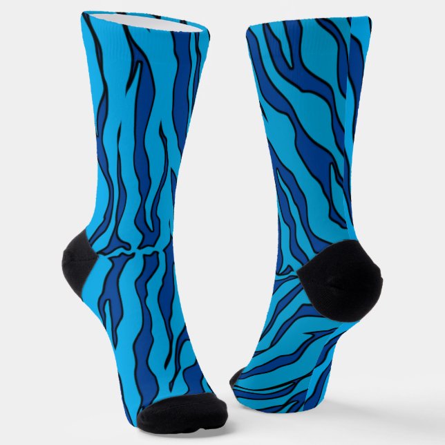 Blue And Turquoise Tiger Stripes Animal Print Socks (Angled)