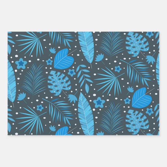 Blue and Turquoise Tropical Palm Monstera Leaves   Wrapping Paper Sheet (Front 3)