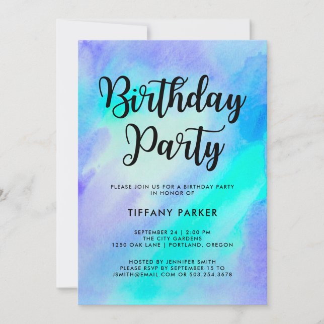 Blue and Turquoise Watercolor Birthday Party Invitation (Front)
