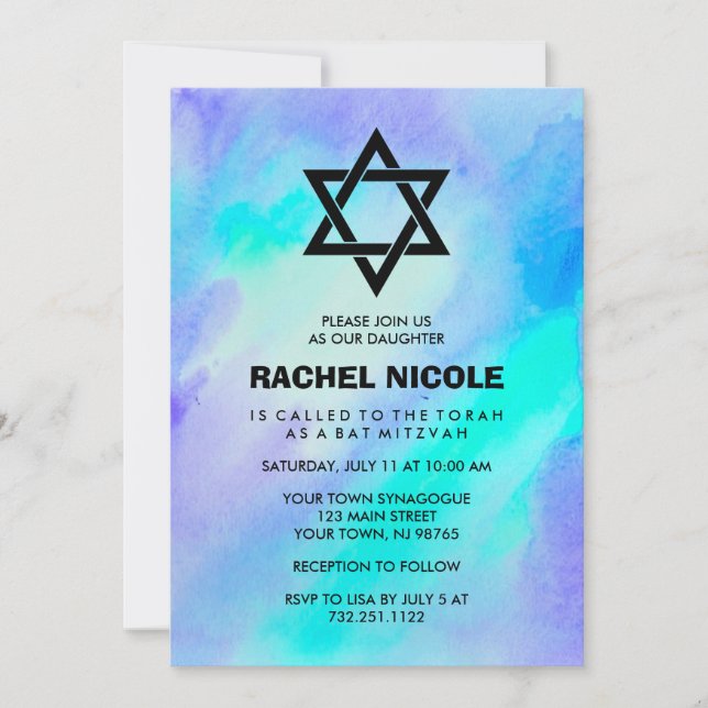 Blue and Turquoise Watercolor Look Bat Mitzvah Invitation (Front)