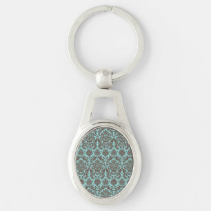 Blue and Umber Elegant Damask Pattern Key Ring