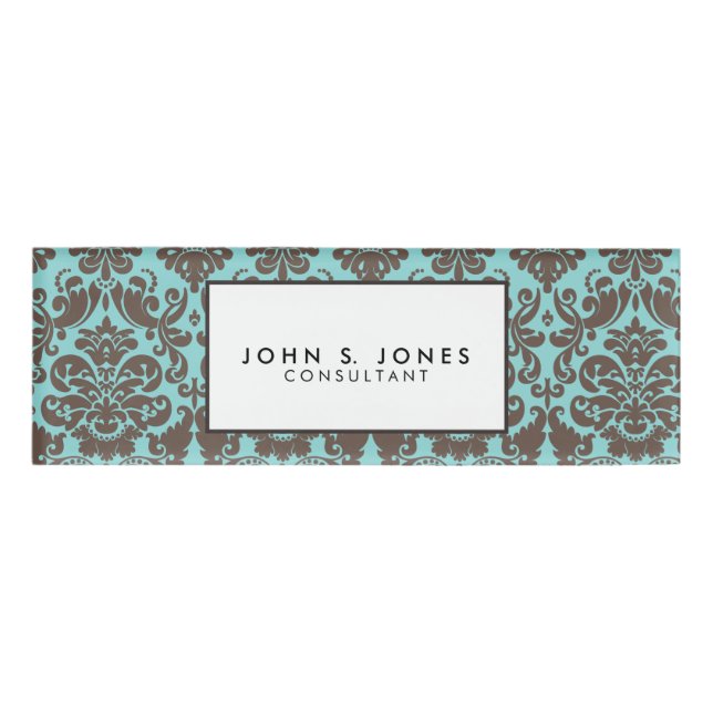 Blue and Umber Elegant Damask Pattern Name Tag (Front)