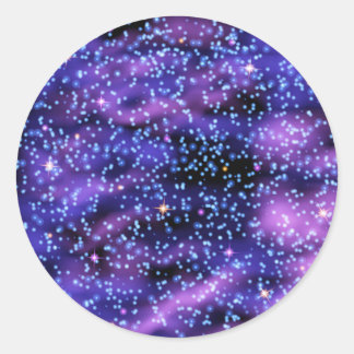 Blue and violet space galaxy background with light classic round sticker