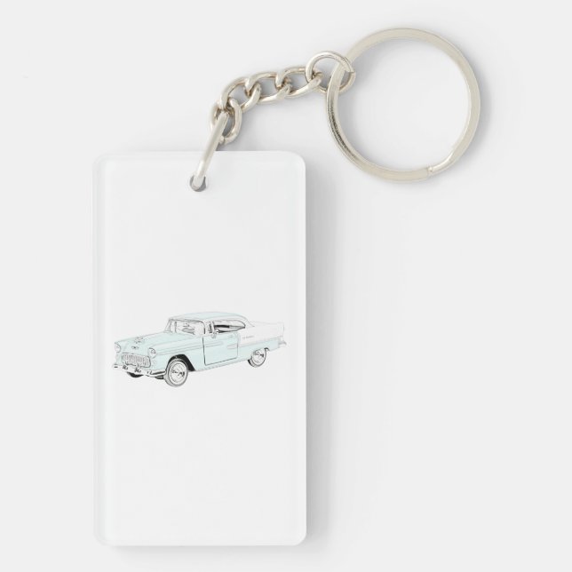 Blue and White 1955 Chevy Bel Air Drawing Acrylic Key Ring (Back)
