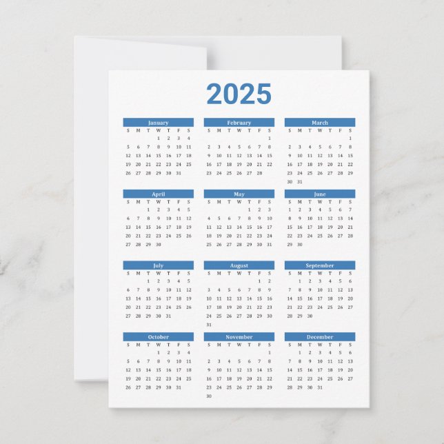 Blue and White 2025 Year At A Glance Calendar Flat Card (Front)