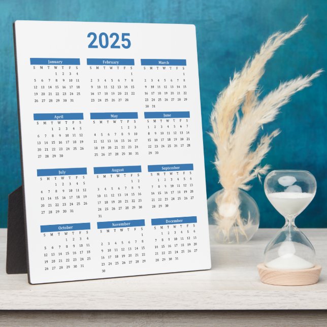 Blue and White 2025 Year At A Glance Calendar Plaque (Side)