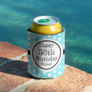 Blue And White 50th Birthday Polka Dots Can Cooler