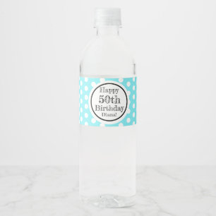 Blue And White 50th Birthday Polka Dots Water Bottle Label