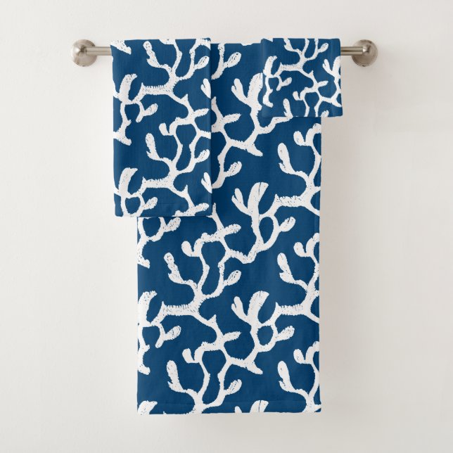 Blue And White Abstract Coral Repeating Pattern Bath Towel Set (Insitu)