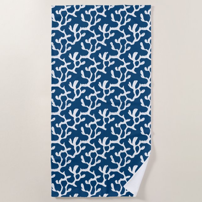 Blue And White Abstract Coral Repeating Pattern Beach Towel (Front)