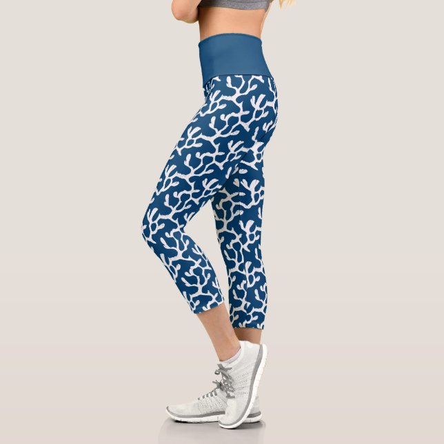 Blue And White Abstract Coral Repeating Pattern Capri Leggings (Left)