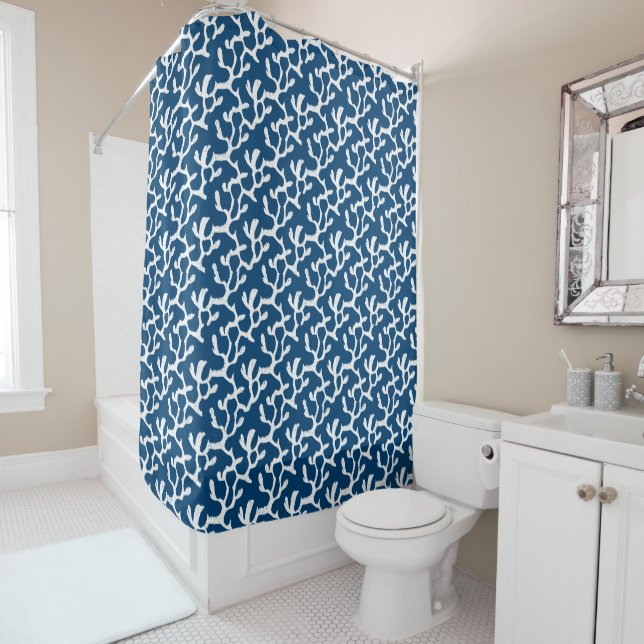 Blue And White Abstract Coral Repeating Pattern Shower Curtain (In Situ)