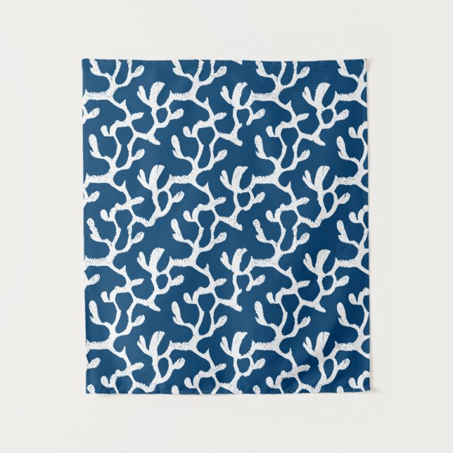 Blue And White Abstract Coral Repeating Pattern Tapestry (Front)