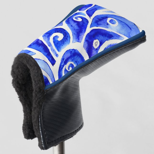Blue and White Abstract Curly Design Pattern Golf Head Cover (3/4 Front)