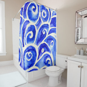 Blue and White Abstract Curly Design Pattern Shower Curtain
