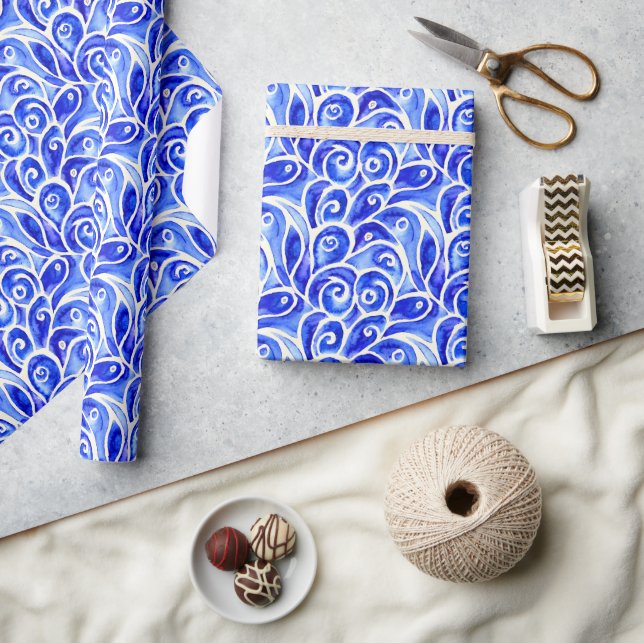 Blue and White Abstract Curly Design Pattern Wrapping Paper (Crafts)