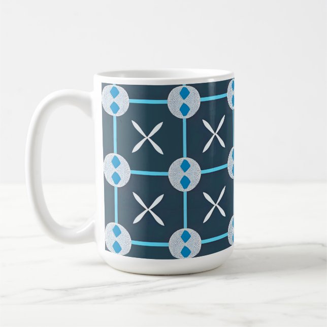 Blue and White Abstract Geometric Pattern Coffee Mug (Left)