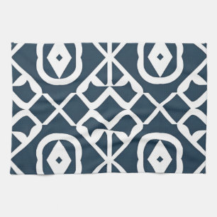 Blue and White Abstract Geometric Pattern Tea Towel