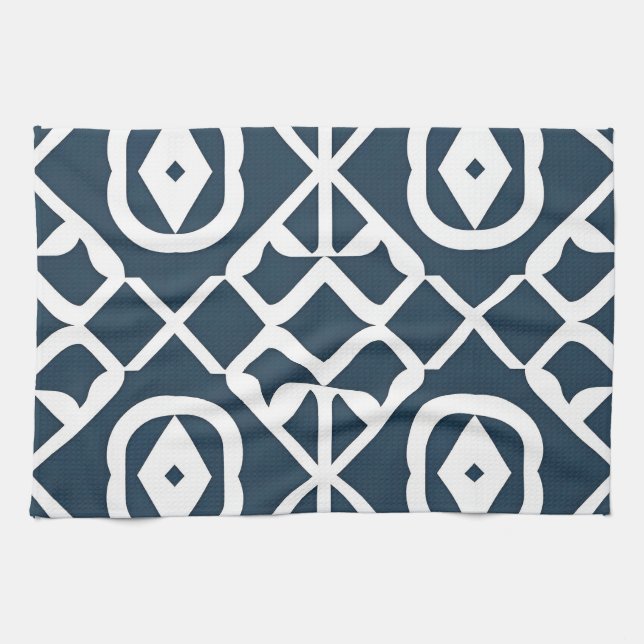 Blue and White Abstract Geometric Pattern Tea Towel (Horizontal)