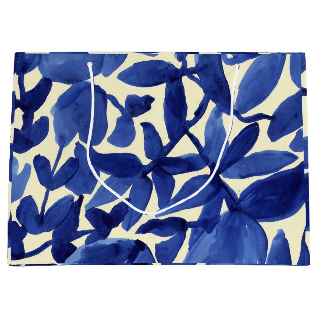 Blue and White Abstract Leave Print Large Gift Bag (Front)