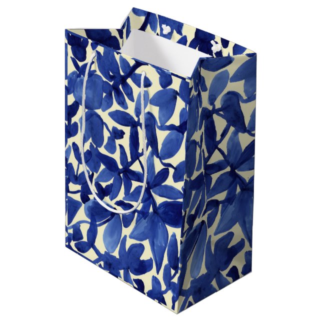 Blue and White Abstract Leave Print Medium Gift Bag (Back Angled)
