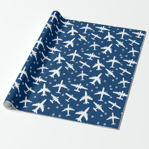 Blue and White Aeroplane Aviation Themed Pattern Wrapping Paper