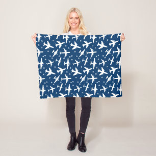 Blue and White Aeroplane Pattern Fleece Blanket