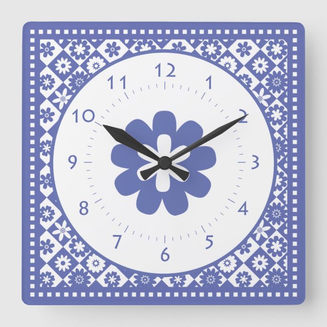 Blue and White American Country Kitchen Classic Square Wall Clock (Front)