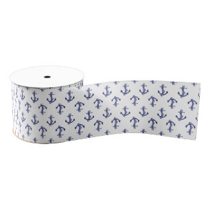 Blue and white anchor allover pattern grosgrain ribbon