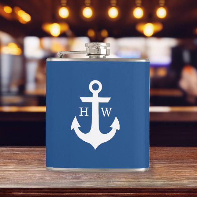 Blue and White Anchor Monogram Hip Flask (Creator Uploaded)