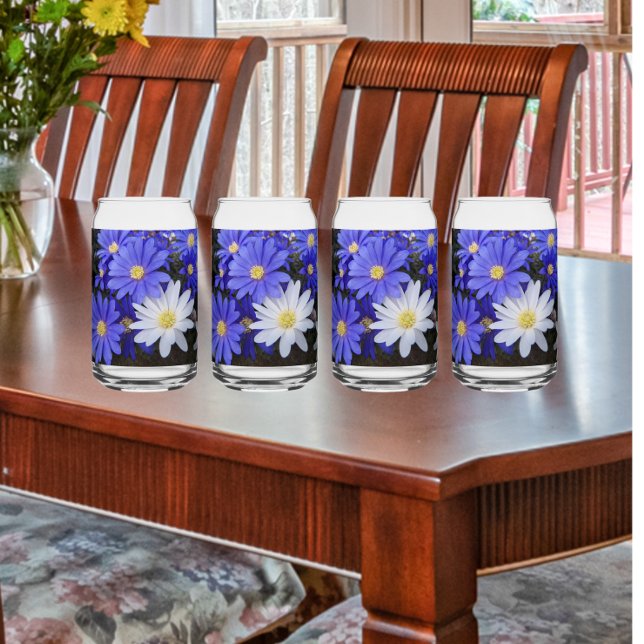 Blue and White Anemone Blooms Floral Can Glass (In Situ)