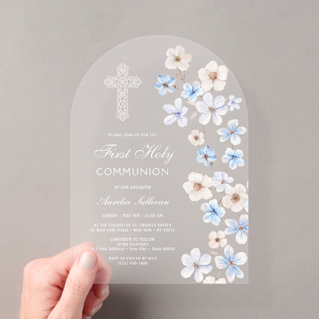 Blue and White Anemones Arch First Communion Acrylic Invitations (Insitu (Handheld))