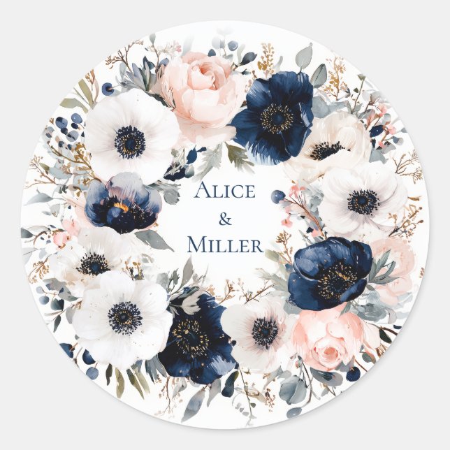 Blue and White Anemones Floral Wedding Classic Round Sticker (Front)