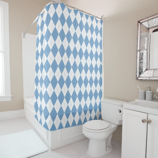 Blue and White Argyle Diamond Geometric Pattern Shower Curtain (In Situ)