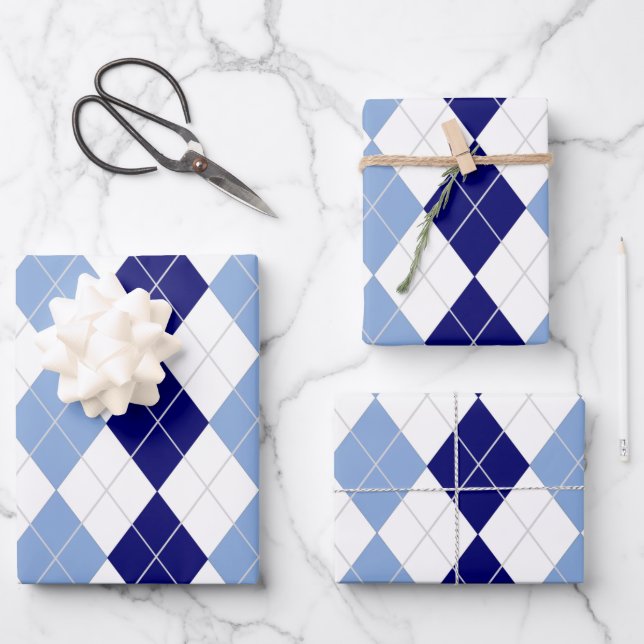 Blue and White Argyle Wrapping Paper Sheets (Front)