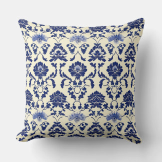 Blue and White Art Nouveau Chinoiserie Peony Flora Cushion