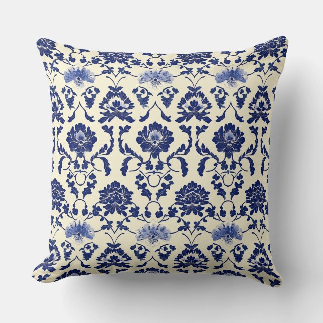 Blue and White Art Nouveau Chinoiserie Peony Flora Cushion (Front)